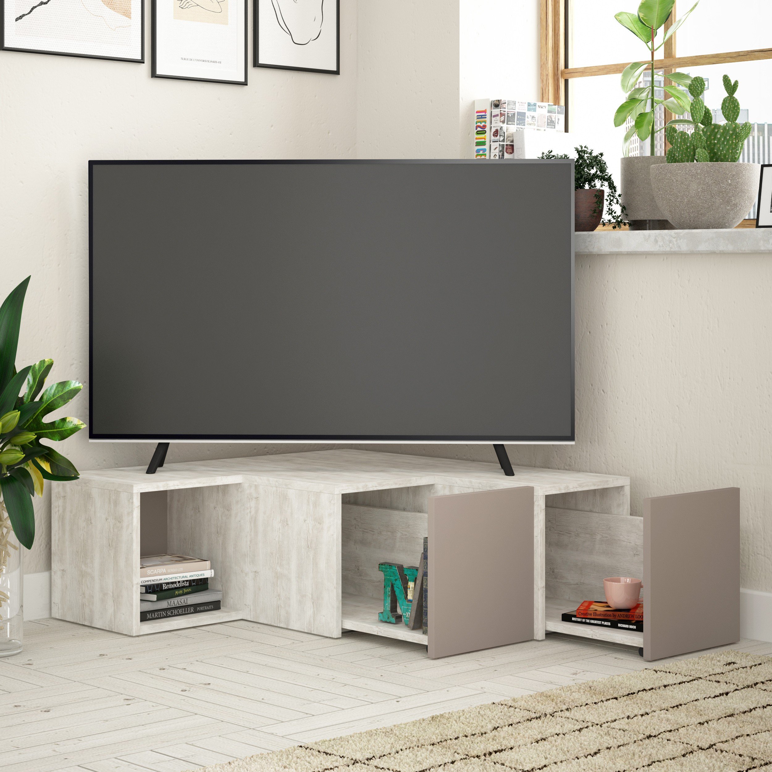 COMPACT TV STAND - ANCIENT WHITE - LIGHT MOCHA - M.TV.16544.5