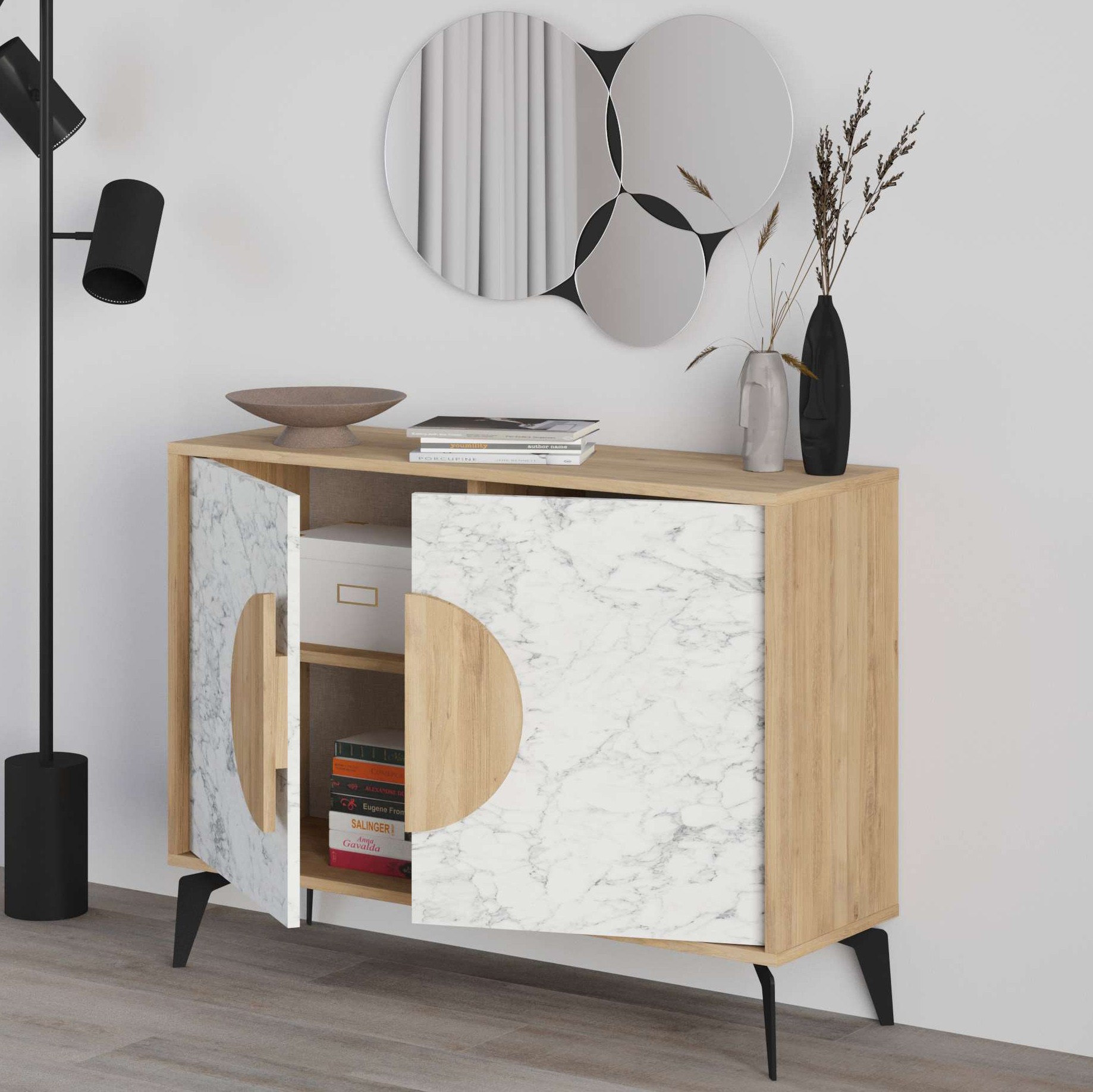 Gora Mirrored Console 110cm Sapphire Oak - Carrara