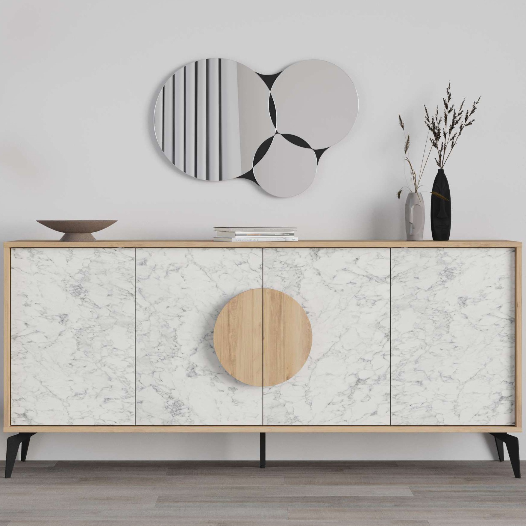 Gora Mirrored Console 180cm Sapphire Oak - Carrara