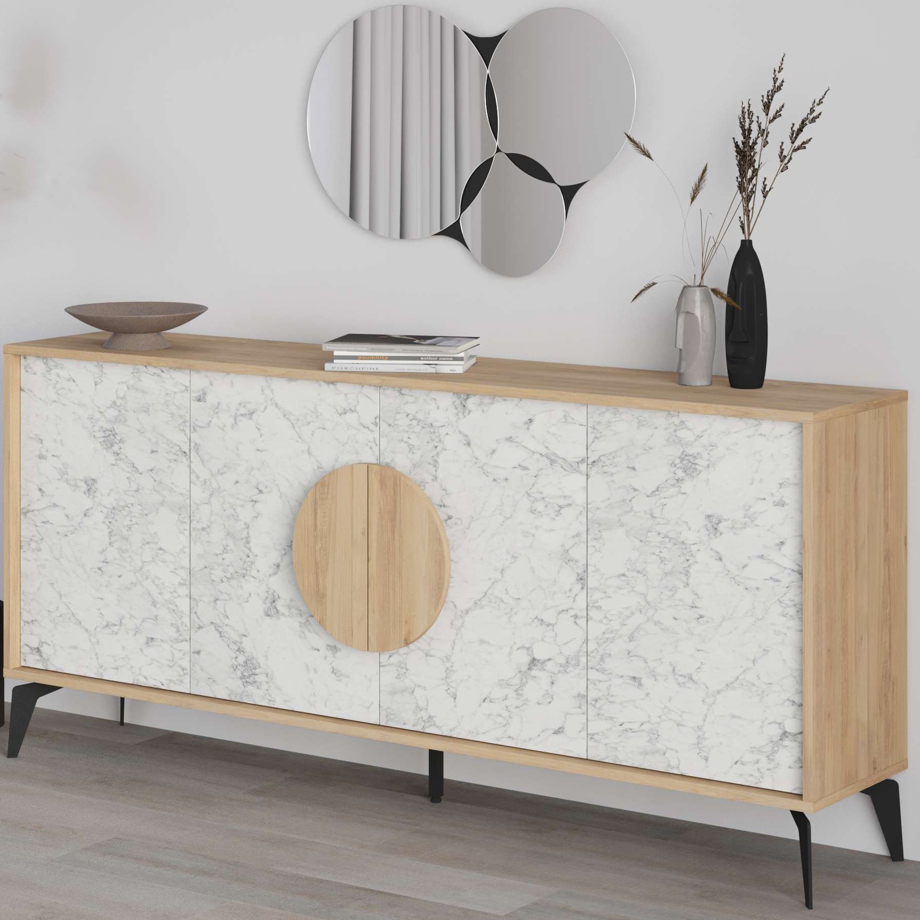 Gora Mirrored Console 180cm Sapphire Oak - Carrara