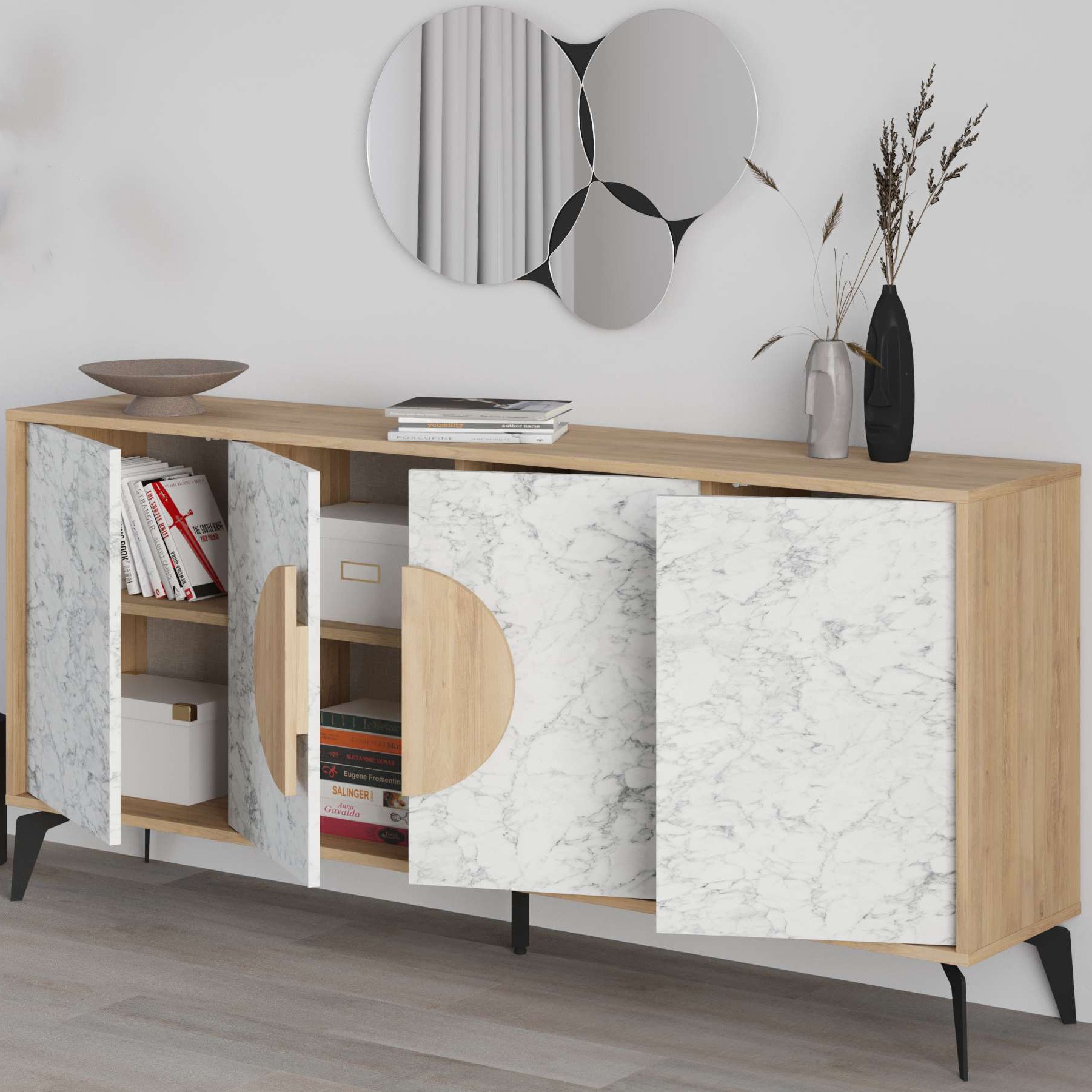 Gora Mirrored Console 180cm Sapphire Oak - Carrara