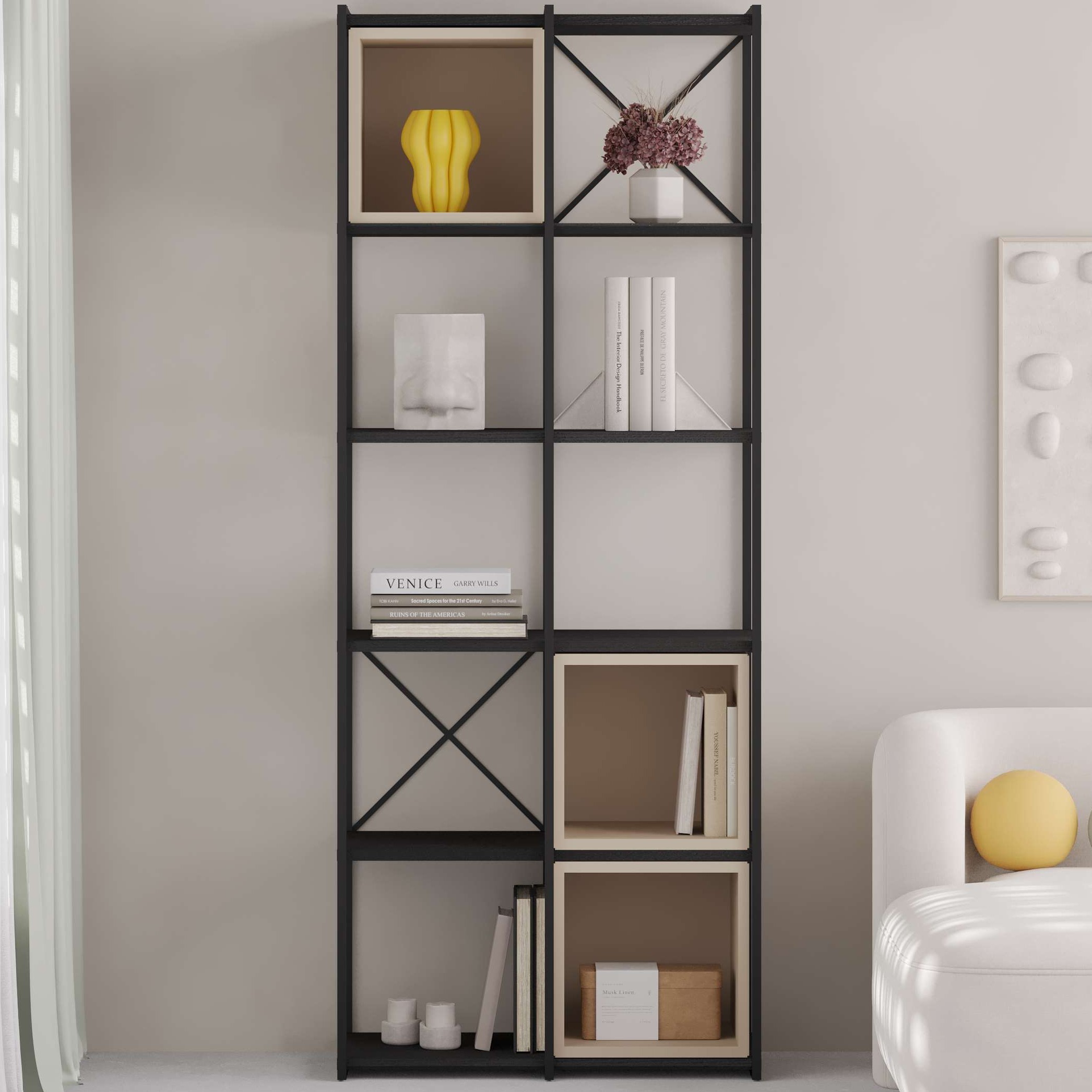 Vale Midi Bookcase Set 18mm Black Wood - Sandstone